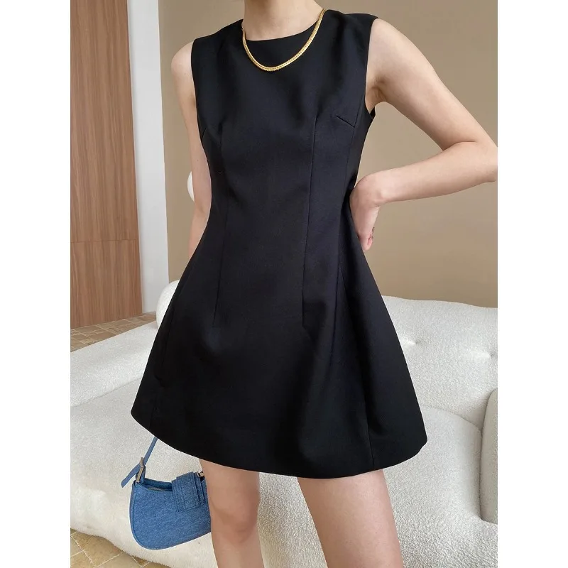 

French Round Neck Black Sleeveless Vest Dress Women Classic Fashion Simple Wild Party Elegant Lady Short Dress Summer