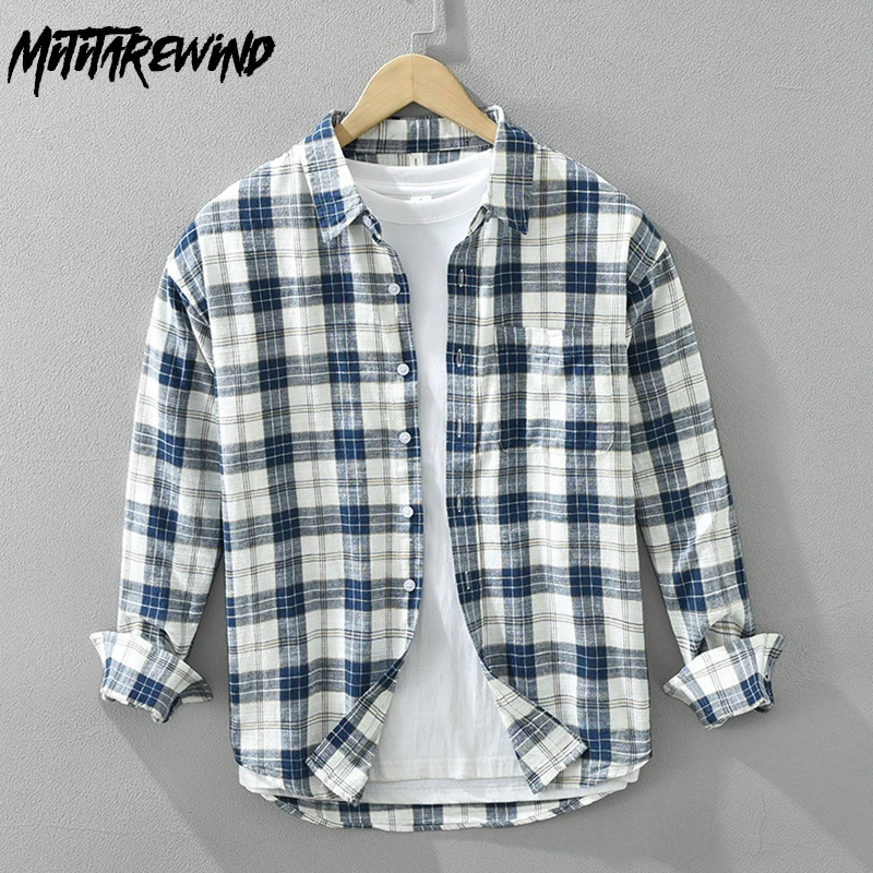 

Harajuku Retro Plaid Shirt Men Spring Daily Casual Loose Long Sleeve Tops Pocket Pure Cotton Shirts Simple Literary Shirt Men