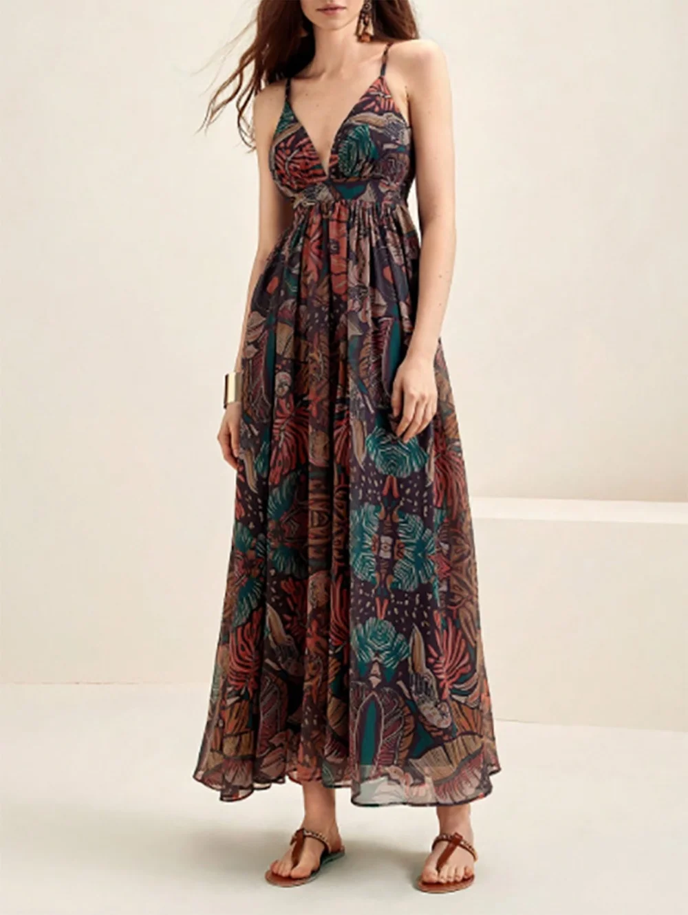 فستان نسائي صيفي بحزام سباغيتي برقبة على شكل حرف V مثير بدون ظهر مزين بالزهور فستان ماكسي لحفلات الشاطئ بوهو