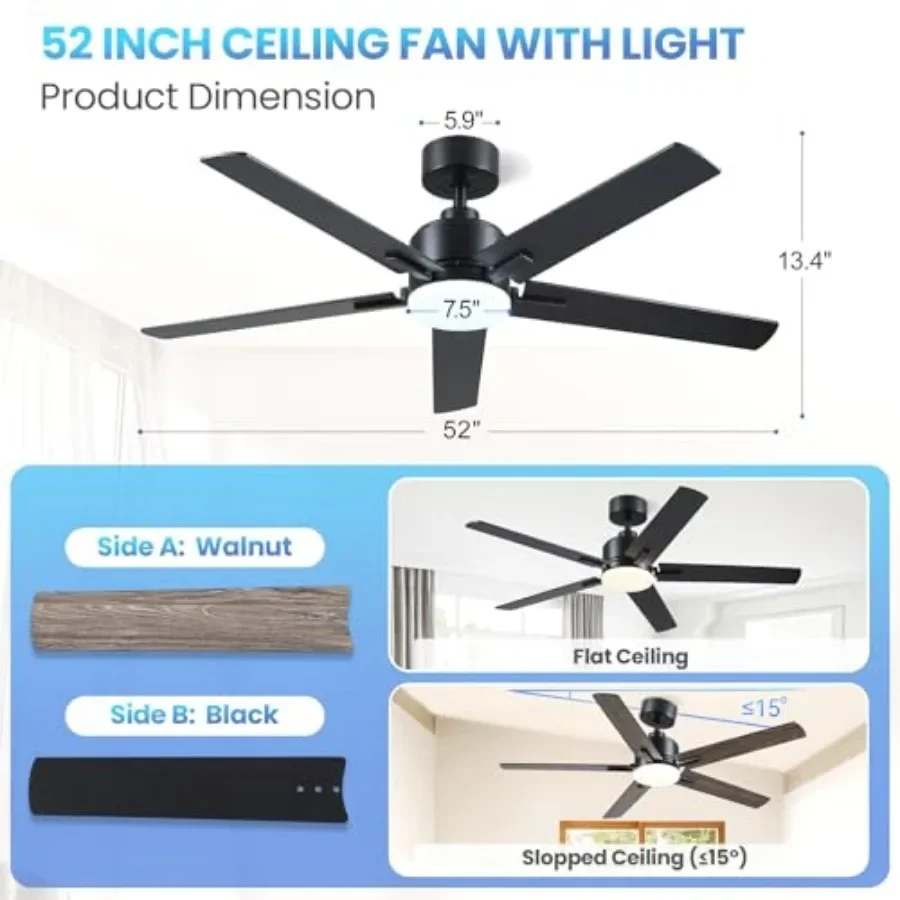 FirmHome Store52 Inch Black Ceiling Fan With Lights, Ceiling Fan With Lights And Remote/APP Control, Reversible, Dimmable, 3CCT,