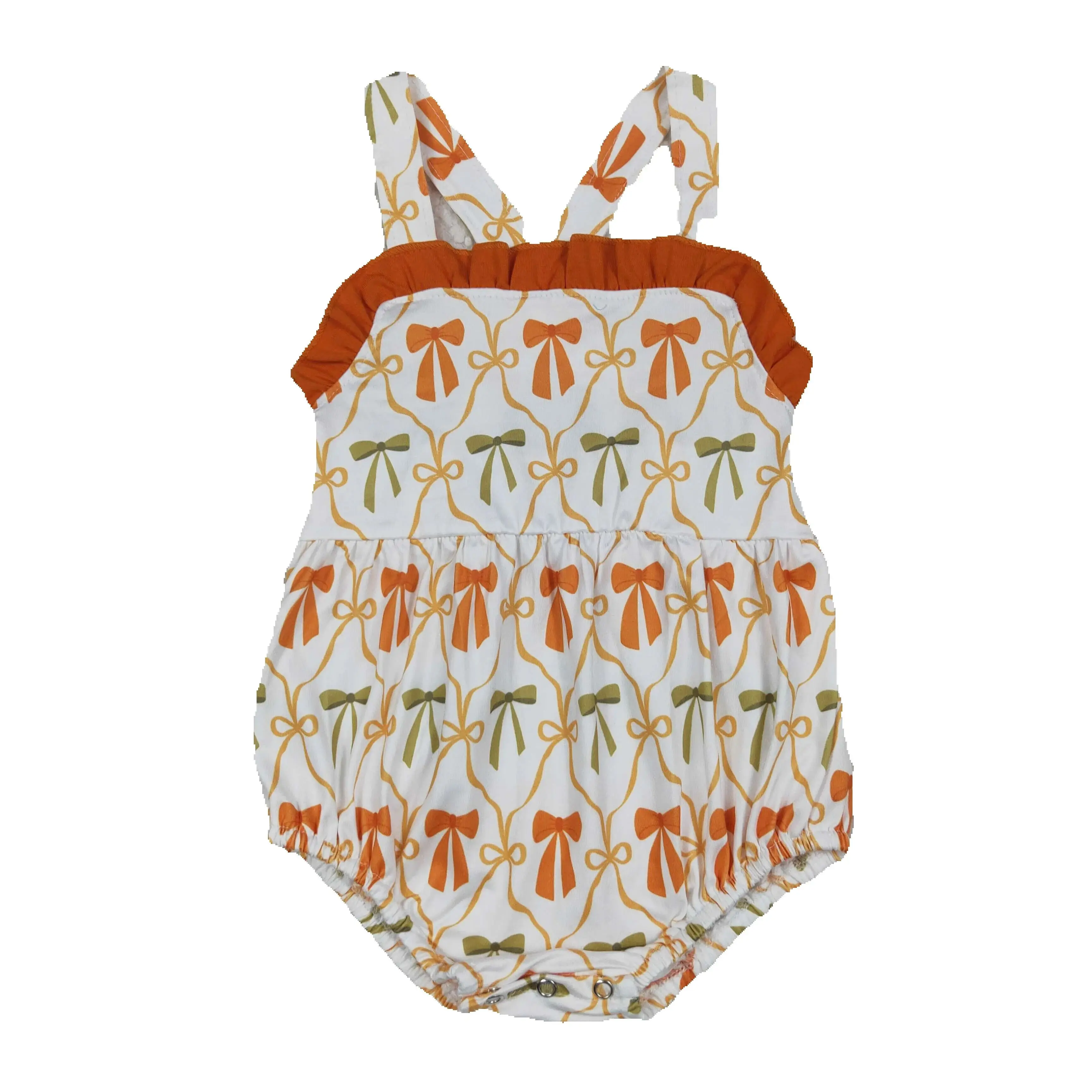 Summer Kids Jumpsuit Little Baby orange green bows Print Western Long Sleeve Romper Boutique Clothes for Baby