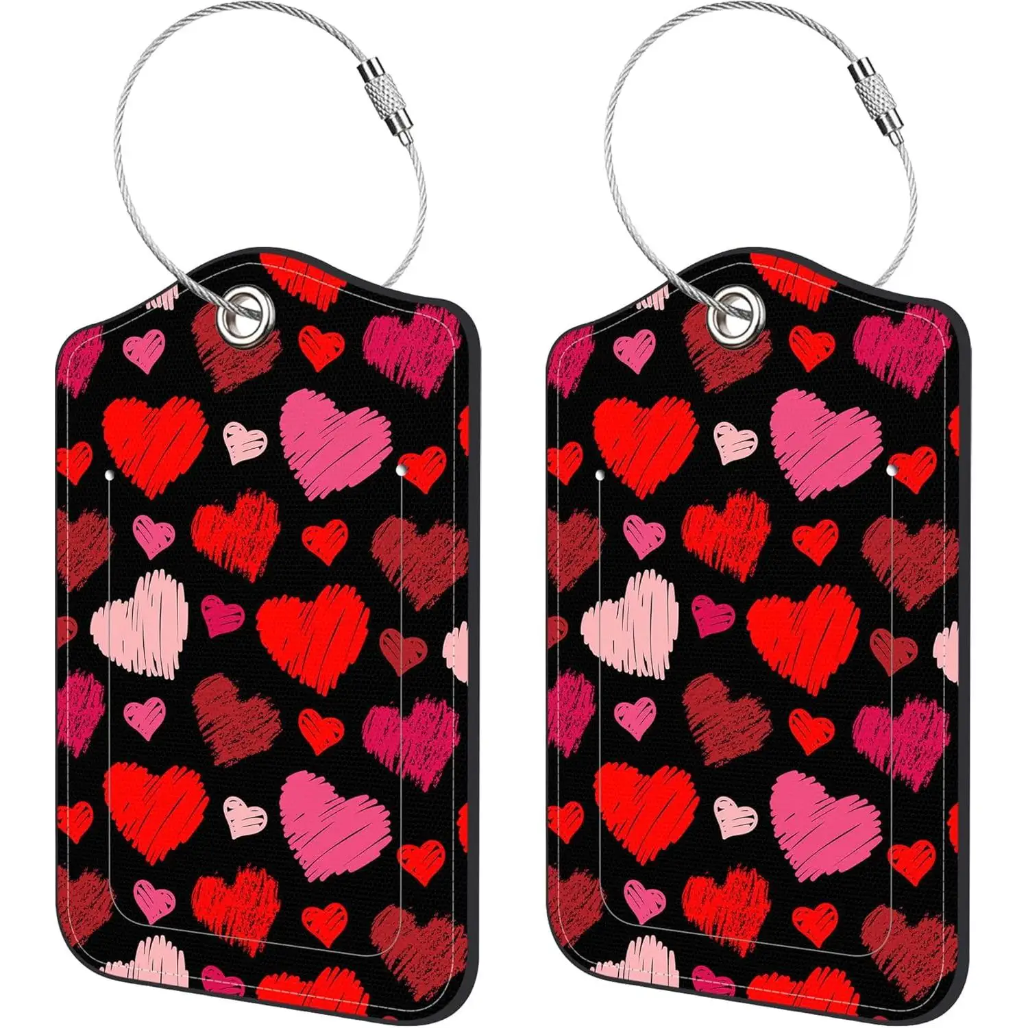 

2-упаковка багажных бирок Red Hearts Идея из искусственной кожи Багажная бирка с идентификационными этикетками Конфиденциальная крышка Металлическое кольцо Мужская и женская дорожная сумка