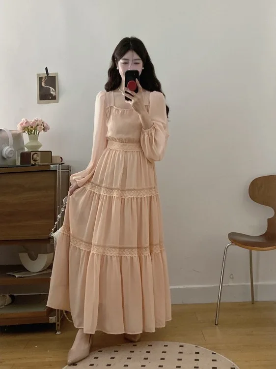 

Новое летнее платье больших размеров для женщин: нежно-розовое, с кружевными вставками, квадратным вырезом, длинное, А-силуэта, с завышенной талией, в корейском стиле