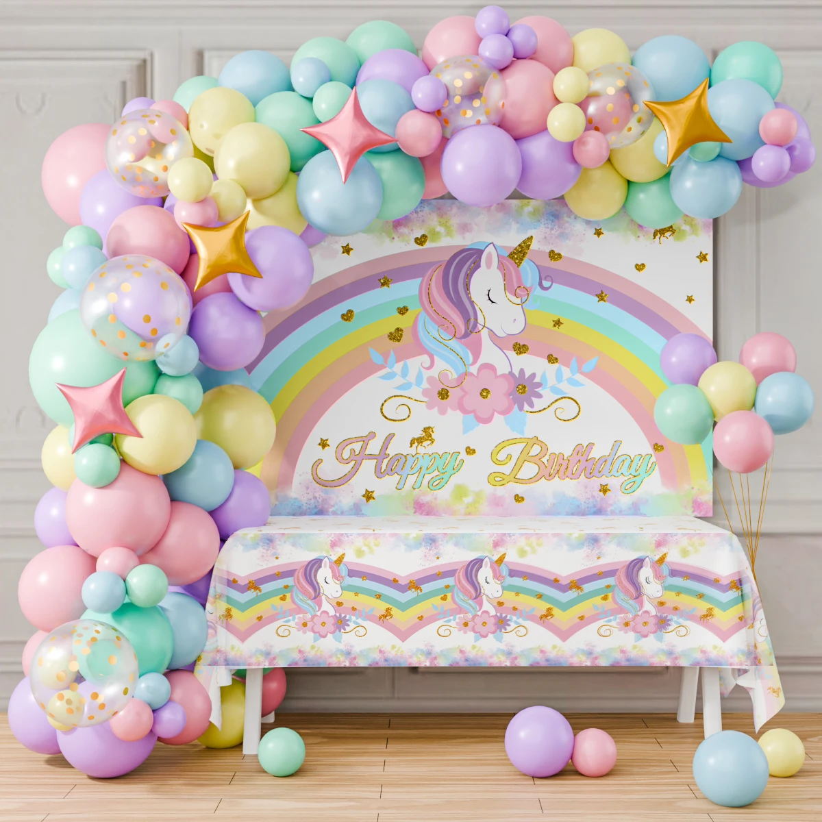 Unicorn Colorful Balloons Garland Arch Kit Backdrop Tablecloth Unicorn Birthday Party Decor Kids Baby Shower Girl Party Supplies