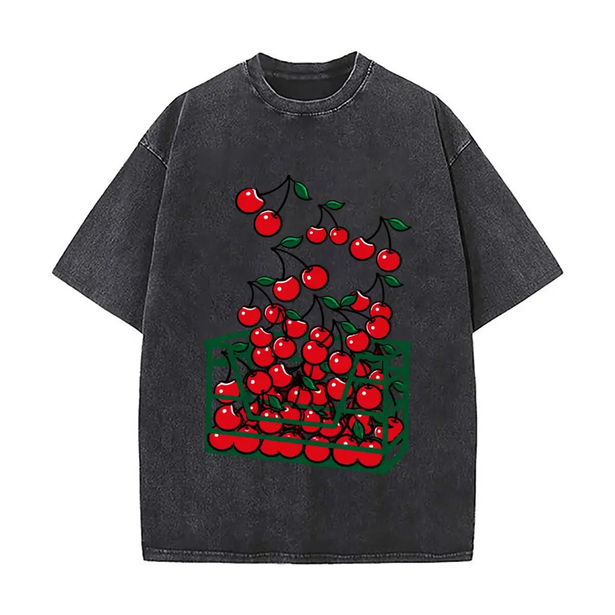 Red Cherries In Green Harvest Basket Illustration Washed Short Sleeve Loose Streetwear Tee Hip Hop