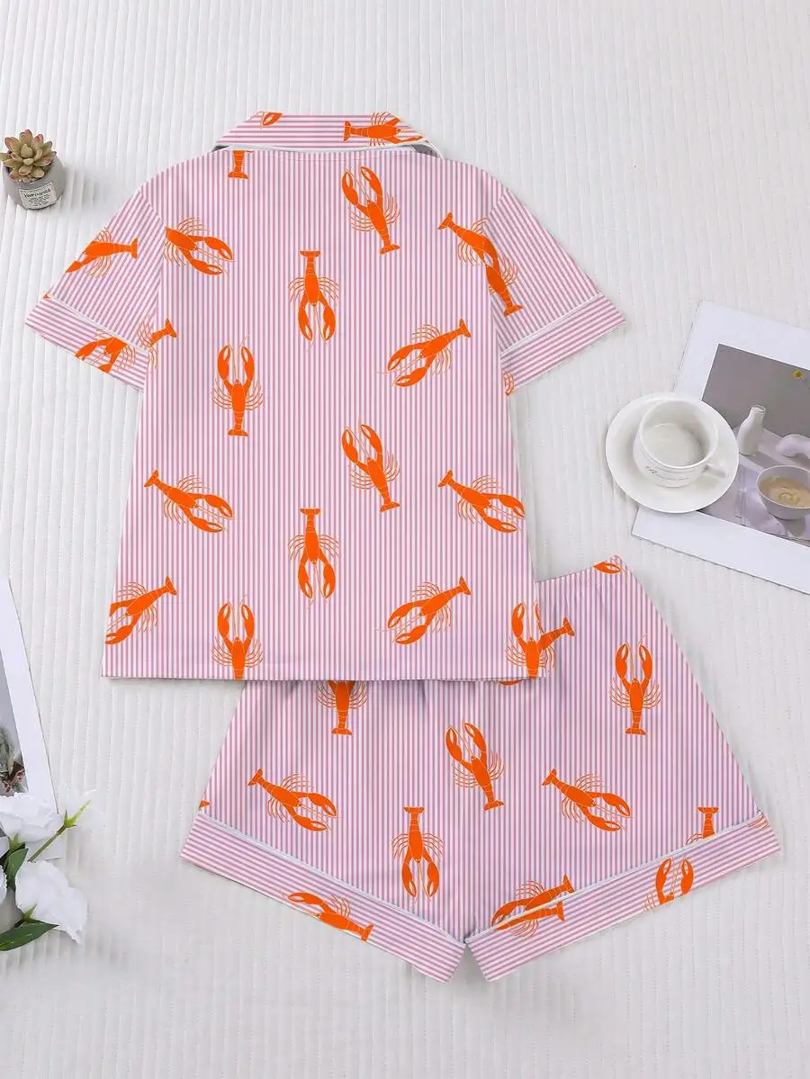 

2pcs Womens Striped Lobster Print Sleepwear Set Short Sleeve Shirt Collar Top And Loose Shorts