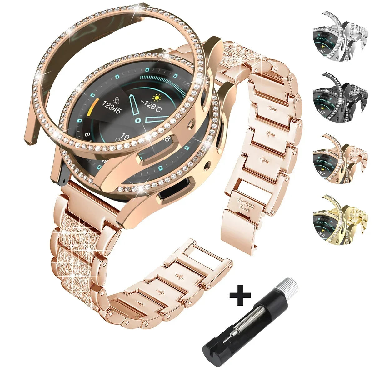 Cinturino in metallo + custodia per Samsung Galaxy Watch4 5 6 7 40mm 44mm Band Donna Bracciale con diamanti in acciaio inossidabile e accessori per paraurti