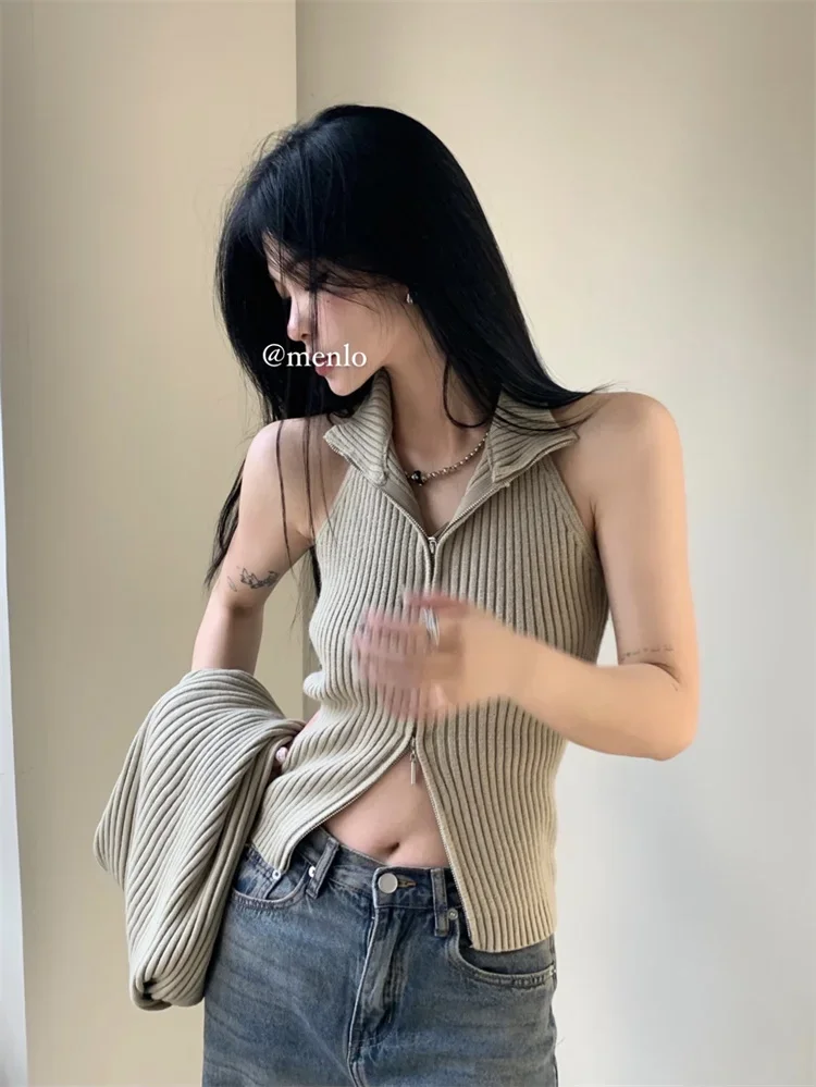 Fashion Two Piece Set for Women Cropped Cardigan Tunic Zipper Vest Outfits Y2k Clothing Korean Casual Knitting Sets Ropa Mujer