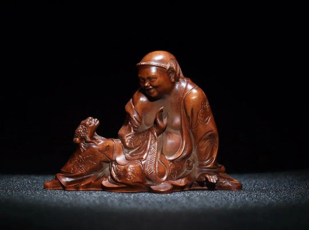 Decoration Collection China Old Boxwood Hand Carved Jin Chan Liu Hai Statue Gift