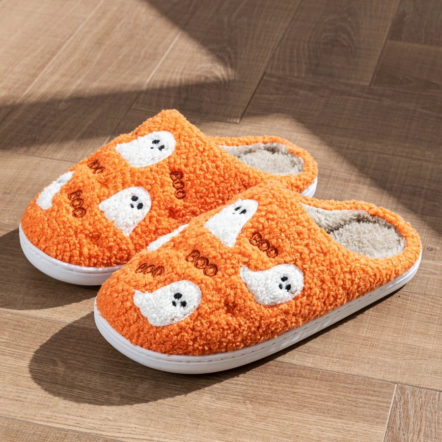 Halloween Kleiner Geist Flauschige Damen-Hausschuhe Winter Warm Weich Gemütlich Schlafzimmer Rutschfest Paar Mode Hausschuhe – Detail 5