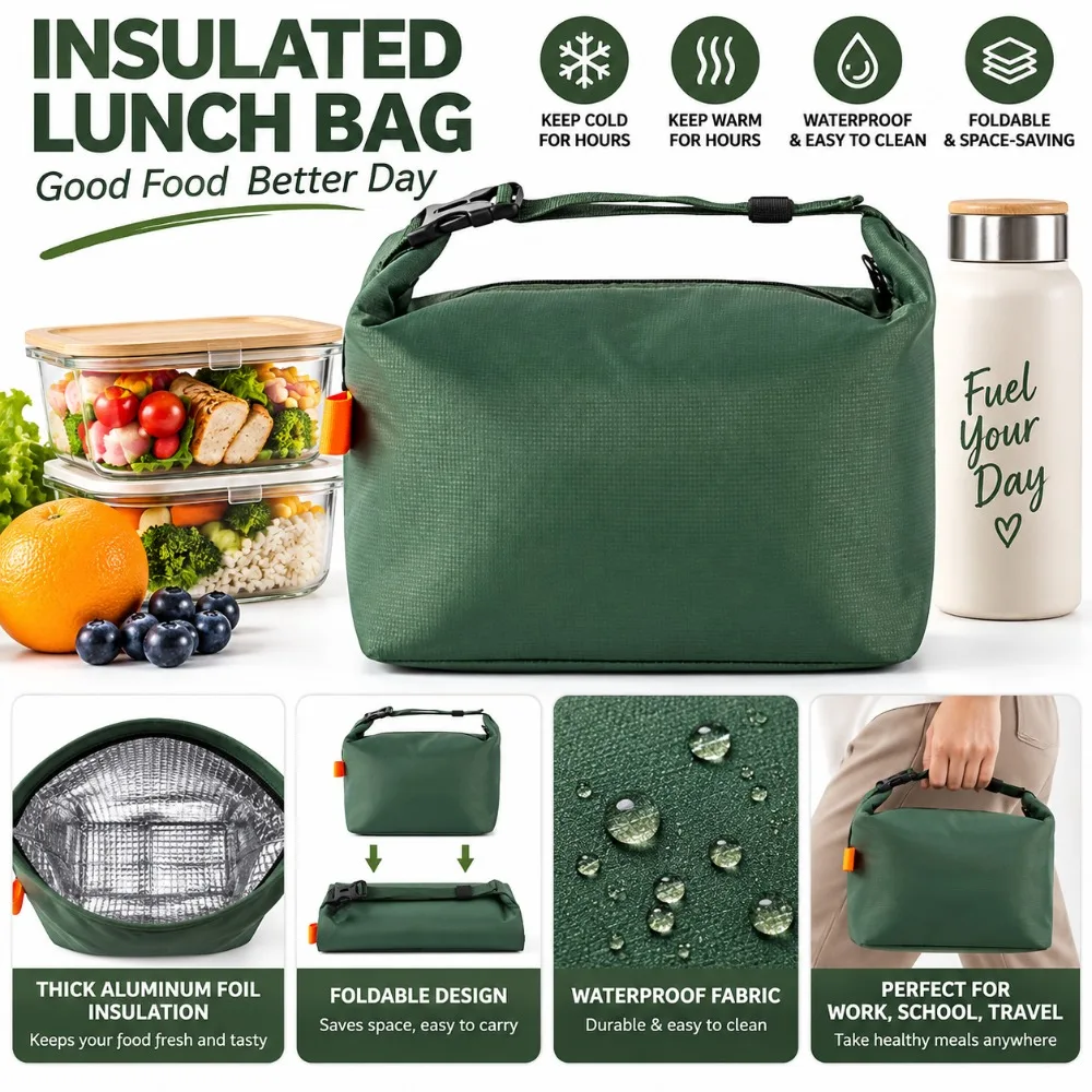 Oxford Cloth Insulated Lunch Tote Foldable Zipper Closure Lunch Tote Bag Insulated Lining Green Portable Lunch Bag