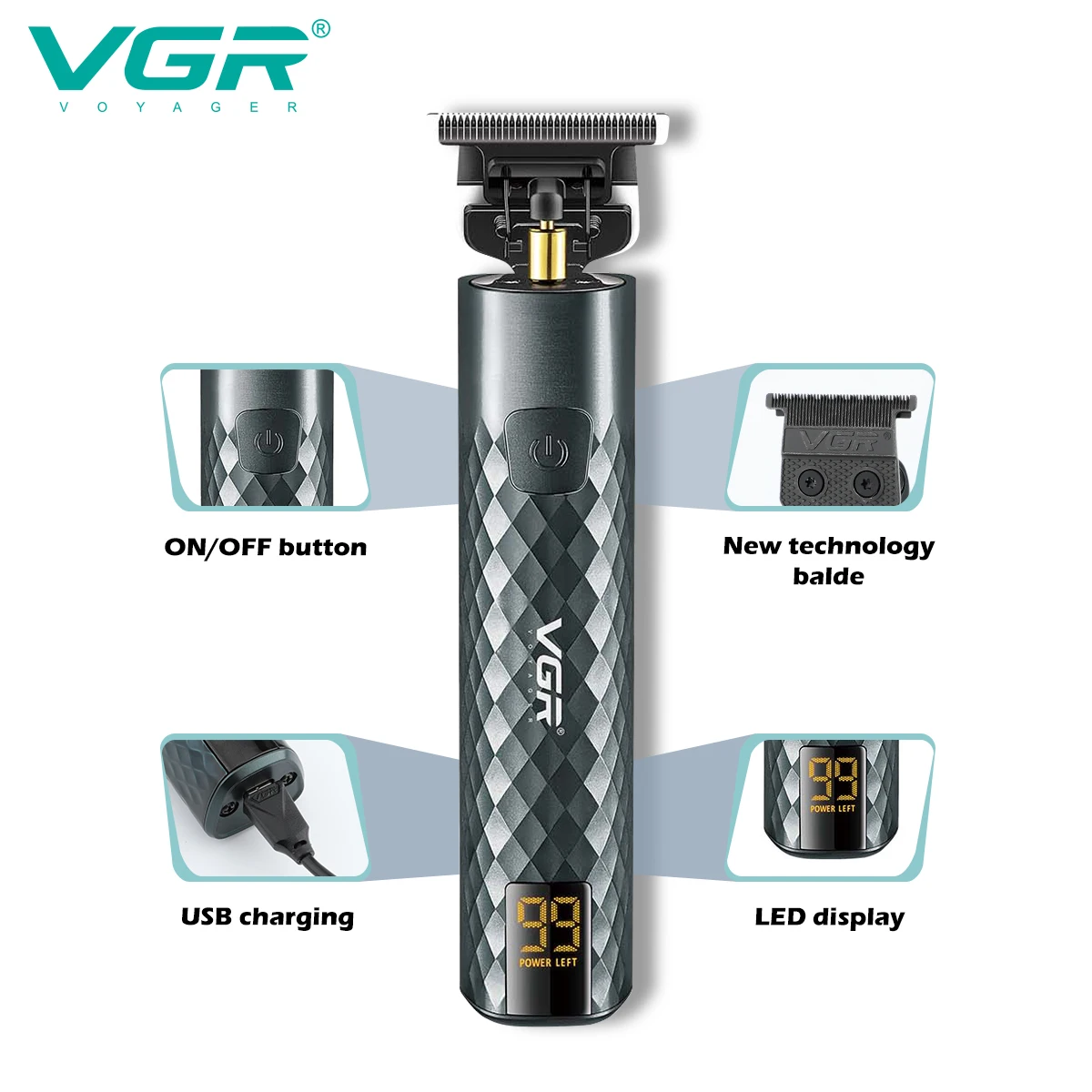 VGR Hair Trimmer Rechargeable Razor Hair Clipper Waterproof Shaver Professional Haircut Machine Hair Clipper Metal Trimmer V-077