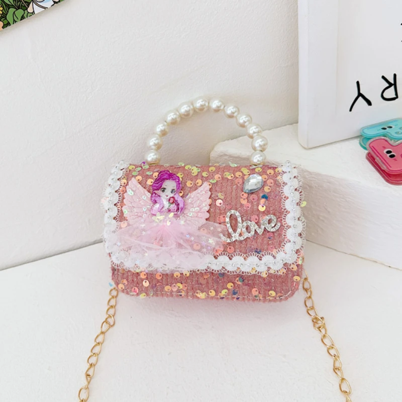 Sequin Lace Children's Small Shoulder Bag Pearl Handle Baby Girls Mini Handbags Cute Princess Square Crossbody Bag Accessories