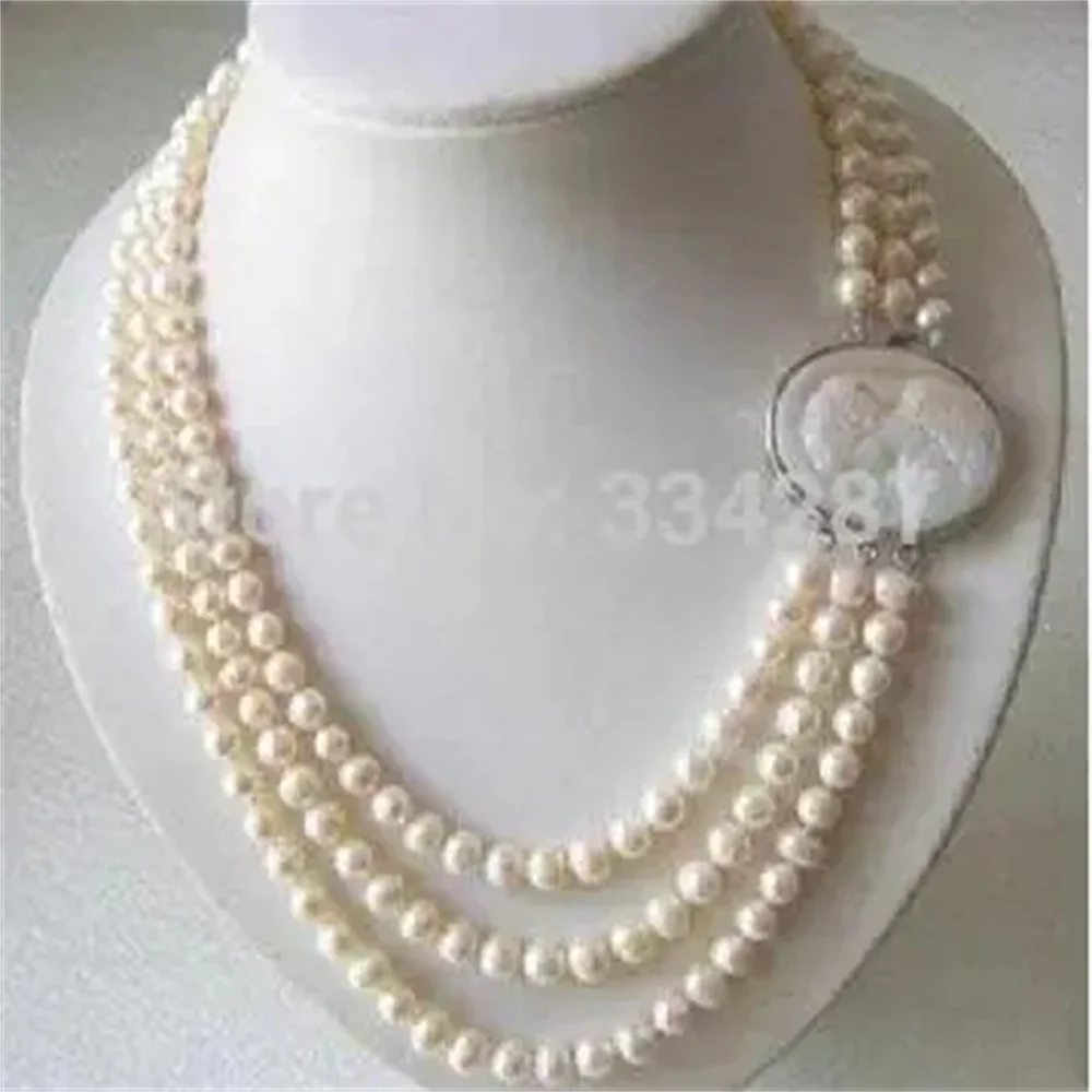 

Genuine 3 linhas 7 - 8 MM freshwater pearl necklace Cameo clasp