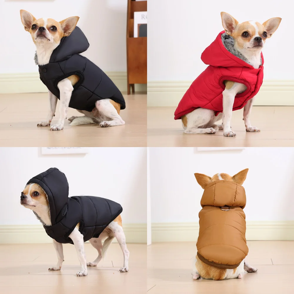 Winter-Kapuzenmantel für Hunde und Katzen, Dickes Fleece, Winddichte Welpenjacke mit D-Ring, Einfarbiges Outfit für Chihuahua und Schnauzer – Detail 15
