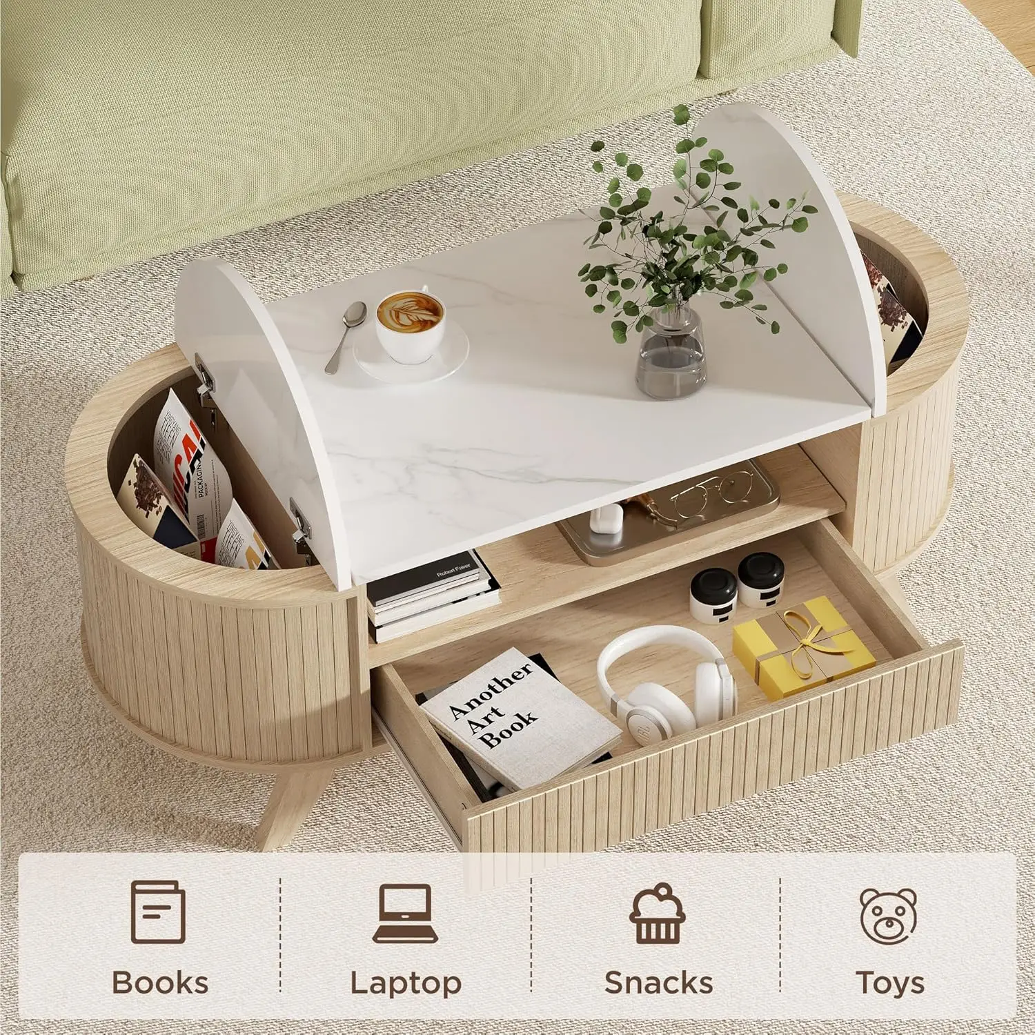 Coffee Table With Storage, Mid Century Modern Center Table For Living Room, Oval Fluted Coffee Table With Hidden Storage Space,