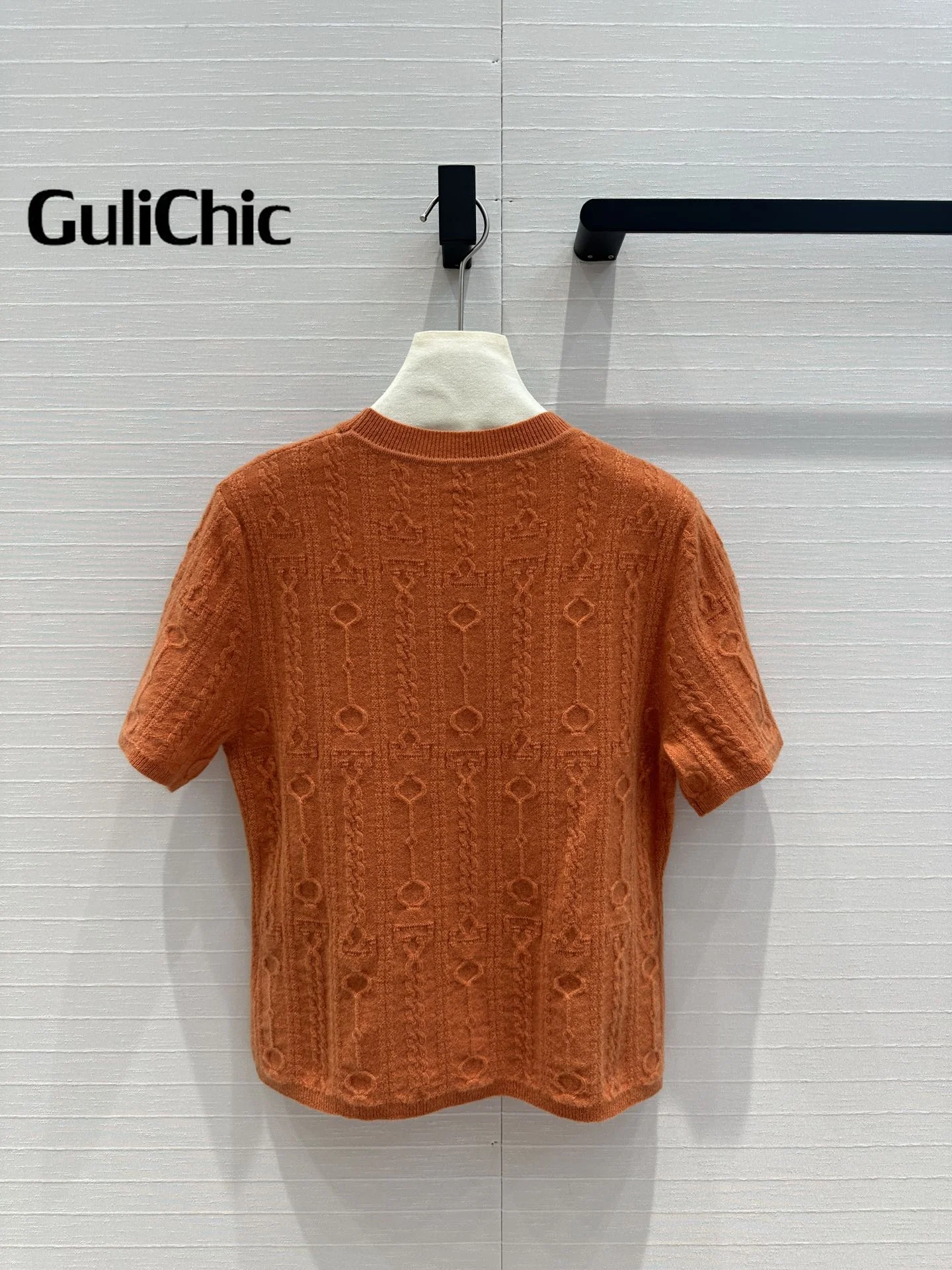 8.3 GuliChic Classic O-Neck Short Sleeve Cashmere Knitwear Fashion Twisted Pattern Jacquard Temperament All-Match Sweater Women