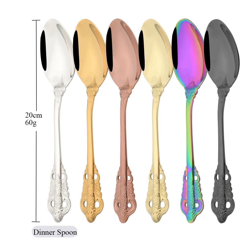 

Drmfiy 6Pcs Dinner Spoon Tableware Set Colorful Dinnerware Set Stainless Steel Vintage Western Dessert Spoon Cutlery Kitchen Set