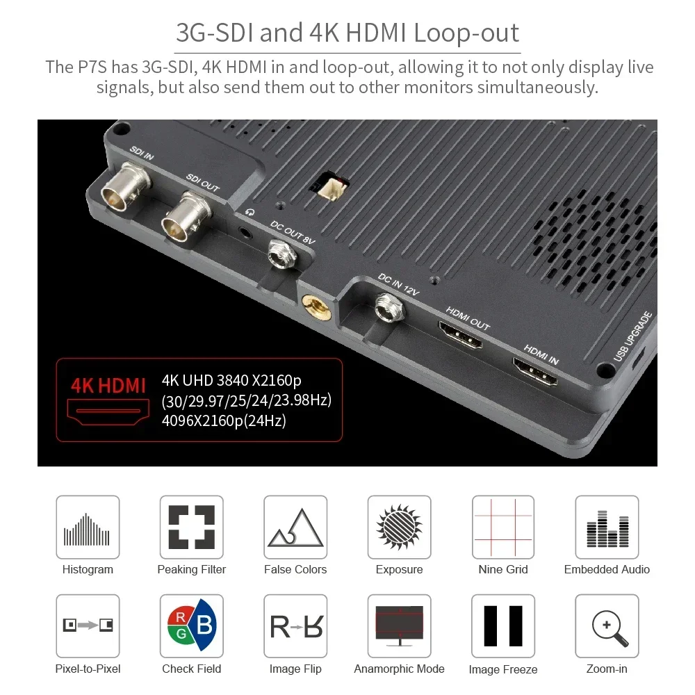 FEELWORLD P7S 4Kモニター 7インチ 3G-SDI オンカメラモニター フィールドDSLRモニター アルミニウム製 フォーカスアシスト 4K Sony、Canon、Nikon対応