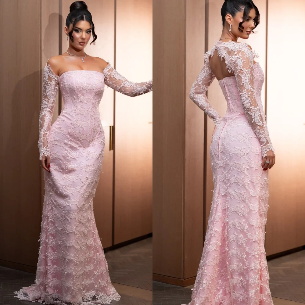 

Customized Modern Style Elegant Jersey Lace Pleat Mermaid Strapless Long Dresses Bespoke Occasion Dresses Matching Formal Retro