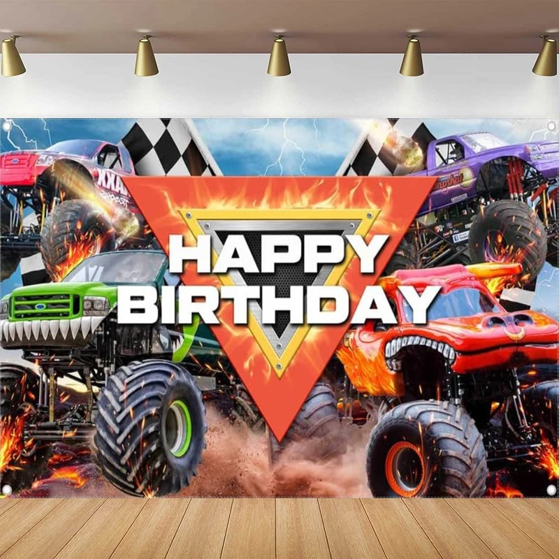 

Photography Backdrop Truck Themed Happy Birthday Monster Car Background Burning Flame Racing Kids Party Decor Photo Banner Booth