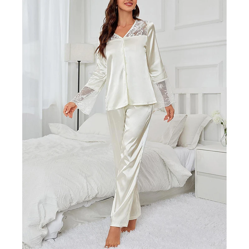 Autumn White Sleepwear Lace Patchwork Long Sleeve Trousers Pajamas Women\'s Set Loose Women\'s Pajamas Home Wears 2Pcs Nightwear