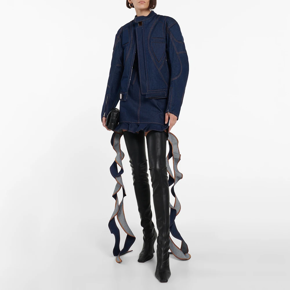

Atmosphere casual navy blue stand-up collar zipper denim Jacket woman three-dimensional sponge cut patchwork pilot jacket