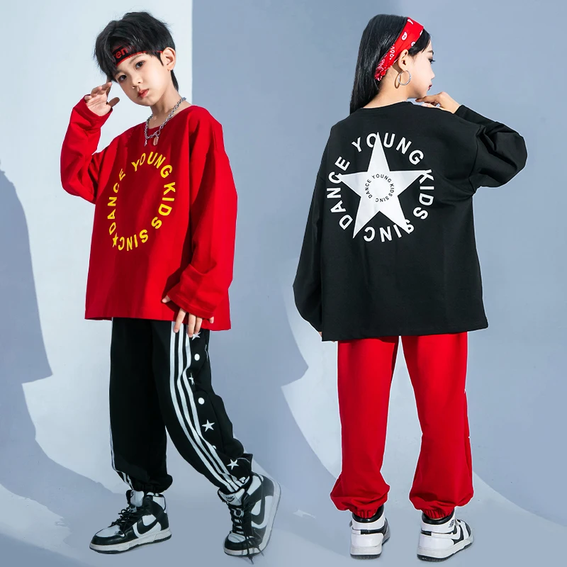 Hip Hop Girls Black Sweatshirt Boys Red Shirt Street Dance Pants Joggers Child Jazz Denim Pants Outfits Kids Cheerleader Clothes