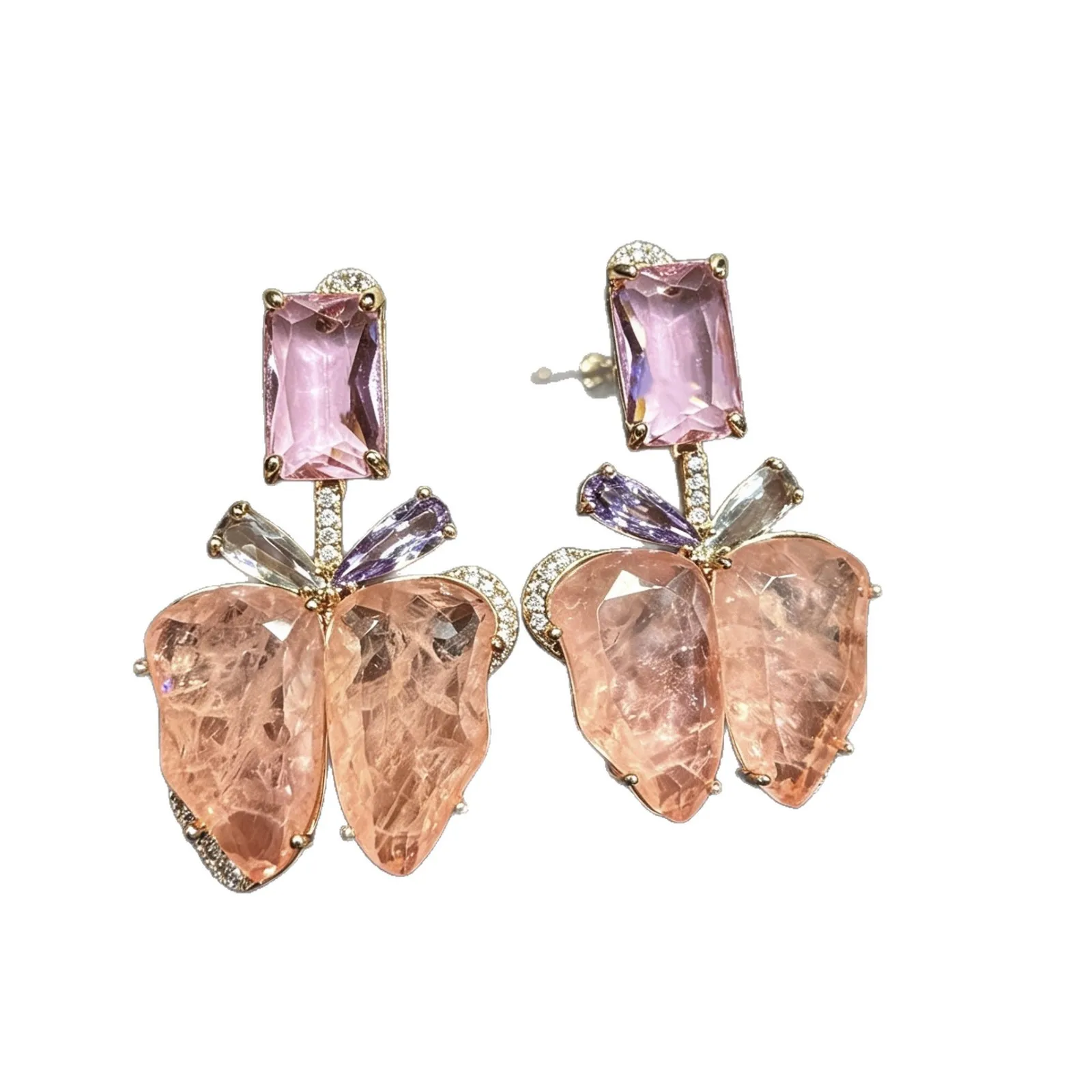 Fashion Clear Pink Crystal Stereo Butterfly Dangle Earrings Mixedcut Rectangle Gem Purple Crystal Drop Earring Evening Wedding