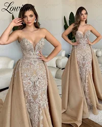 2024 Champagne Arabic Evening Dress With Detachable Train Crystals Lace Floral Mermaid Celebrity Party Dress Wedding Prom Dress