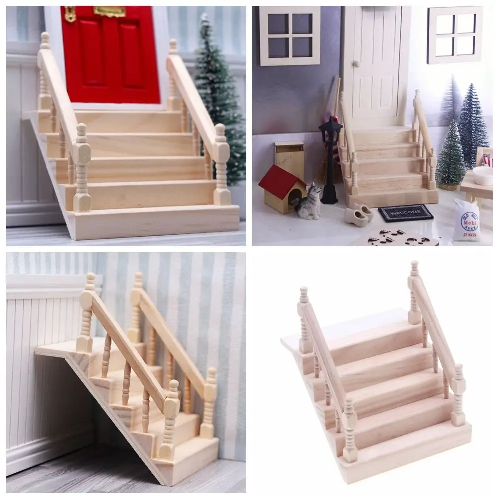 Wooden Dollhouse Staircase Unpainted Stair Step Miniature Staircase Micro Landscape Fairy Garden Footstep with Handrail