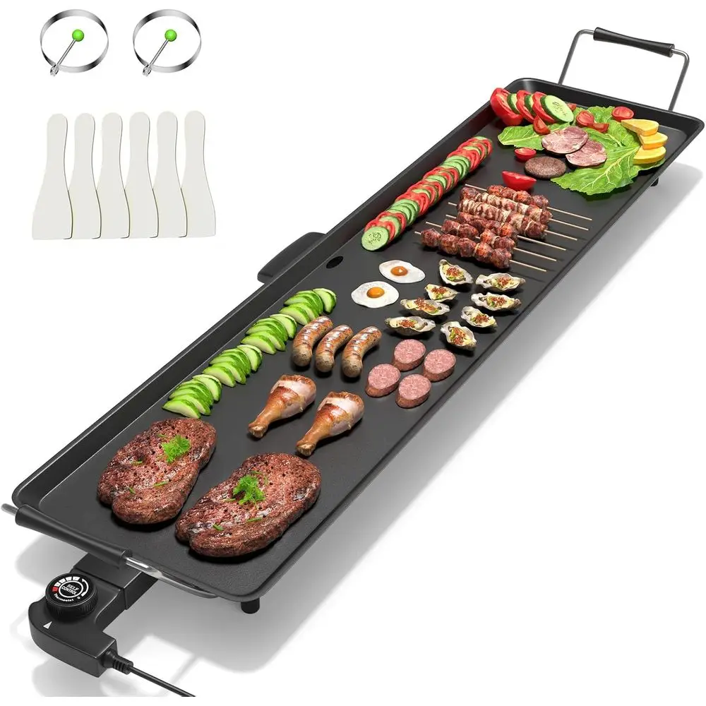 Plancha Eléctrica Teppanyaki Extra Grande de 35 cm, Placa de Cocina Antiadherente para Interiores/Exteriores con Calor Ajustable y Bandeja Recolectora, 2000W