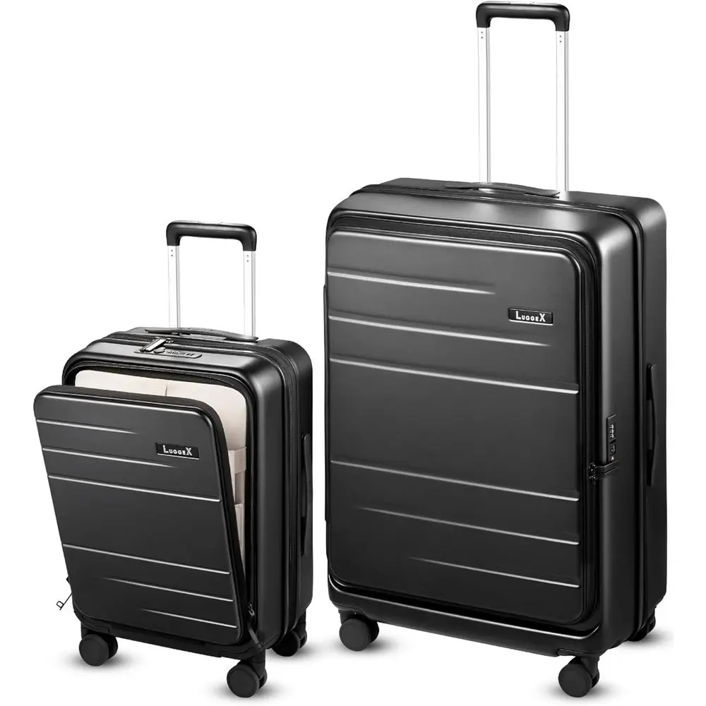 

Expandable Polycarbonate Hard Shell Luggage Set, 2-Piece with Front Pocket, Black, 20/28 Inch