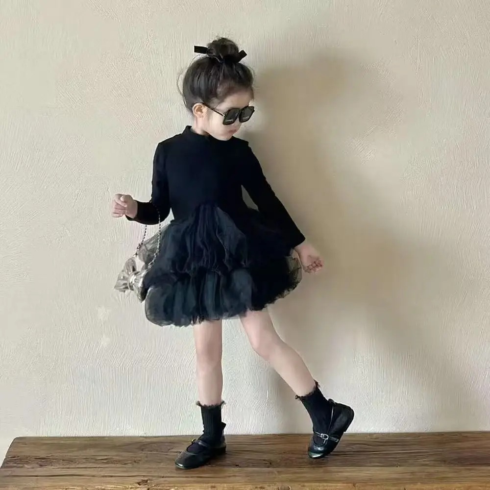 

90-150CM Baby girl's mesh flower bud dress Spring and Autumn new children's black long sleeved princess dress