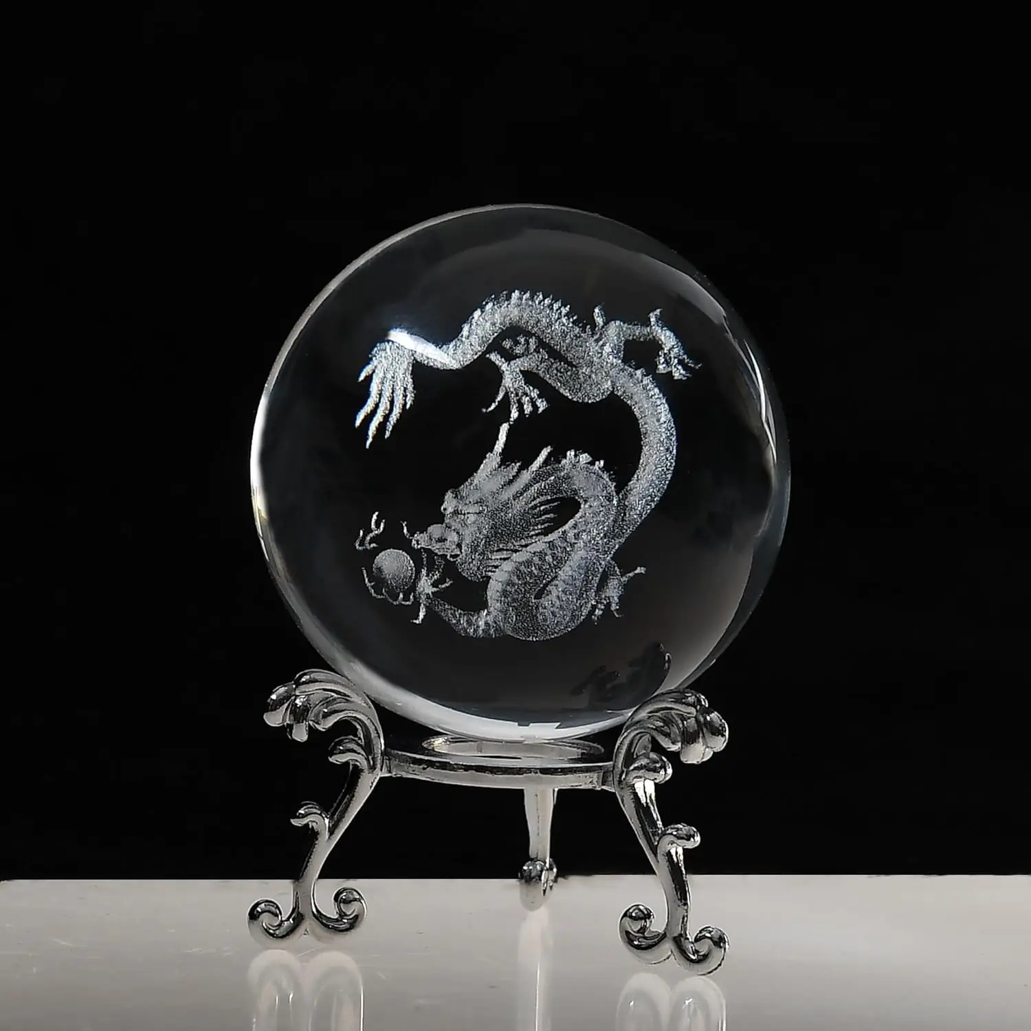 

3D Dragon Crystal Ball with Silver Metal Stand Chinese Dragon Statue Model Decorative Glass Ball Paperweight Gifts for Men