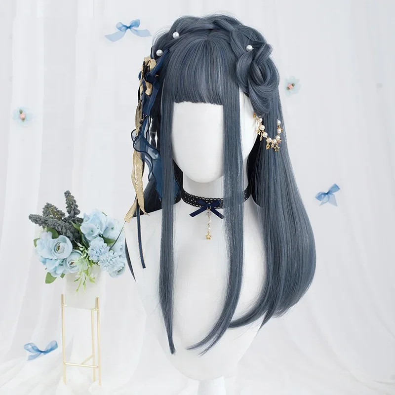 Hot Selling Dark Blue Mixed Wig Cosplay 50cm Long Straight Anime Perruque Synthetic Heat Resistant Hair Lolita Wig For Halloween