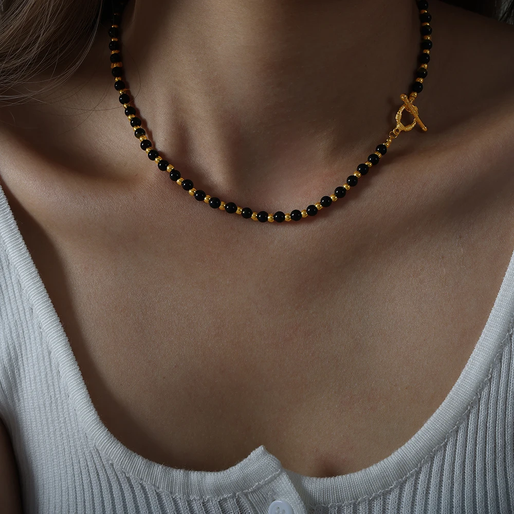 Black Agate Necklace Women Round Bead Chain Gothic Style Accessories Ot Buckle Gold Plated Jewelry Couple Gift