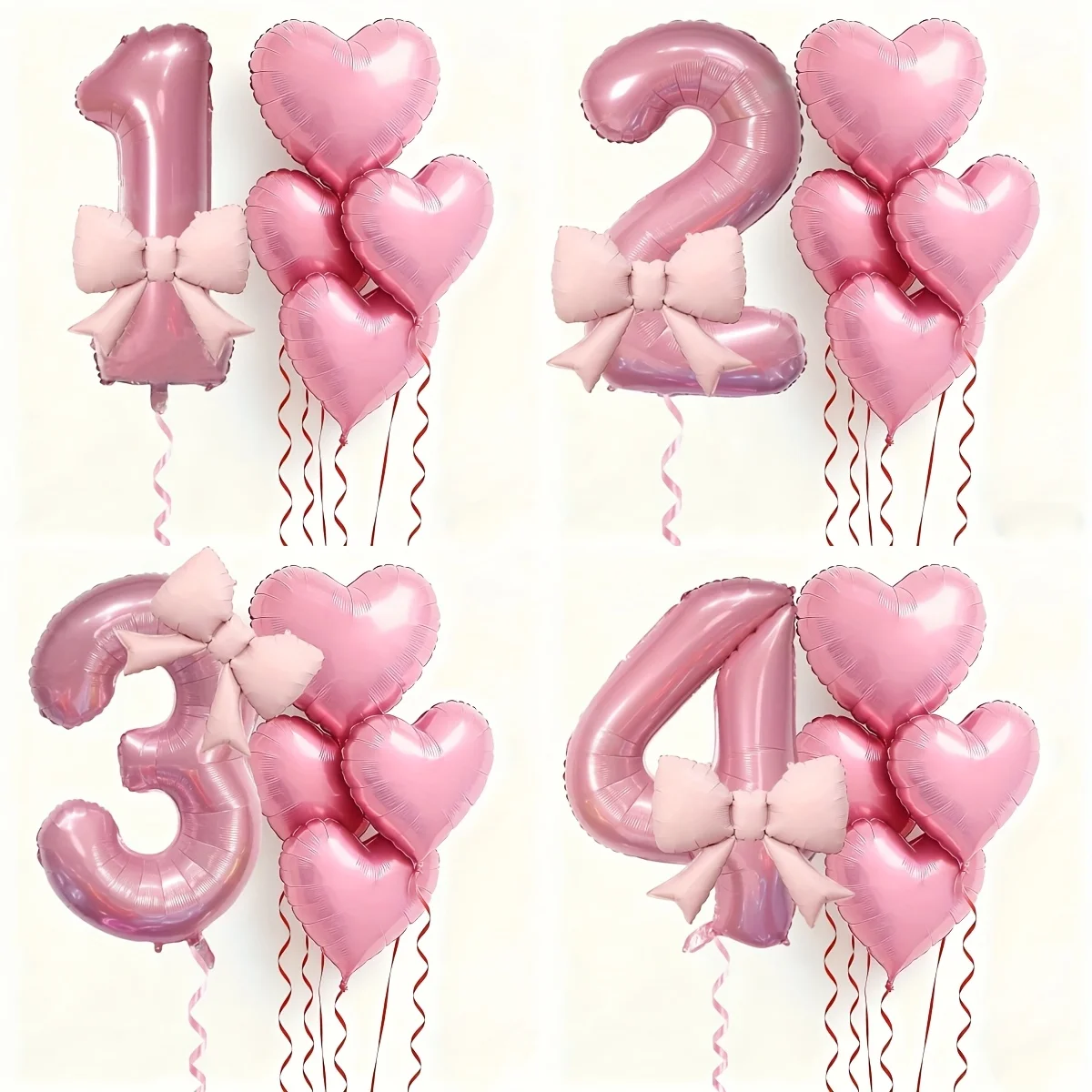 Lot de 6 ballons roses en forme de chiffres, nœuds et cœurs, pour décorations de fête d'anniversaire, festival, toile de fond, ambiance extérieure et accessoires photo