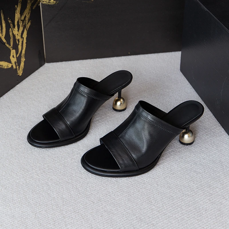 2024 New Women Genuine Leather Sandals High Heels Peep Toe Summer Comfort Casual Black Shoes Woman Female Fashion Pumps Slippers