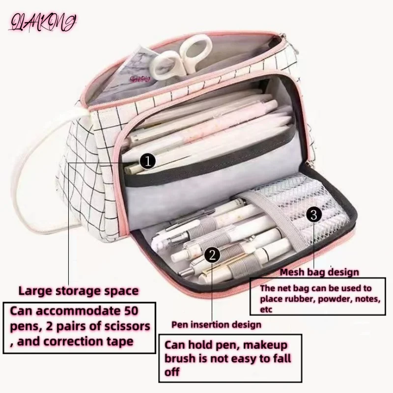 Child Stationary Pen Pencil Storage Bag Pen Bag Multi Layer Large Capacity Cosmetic Travel Storage Bag Simple Plaid Pencil Case