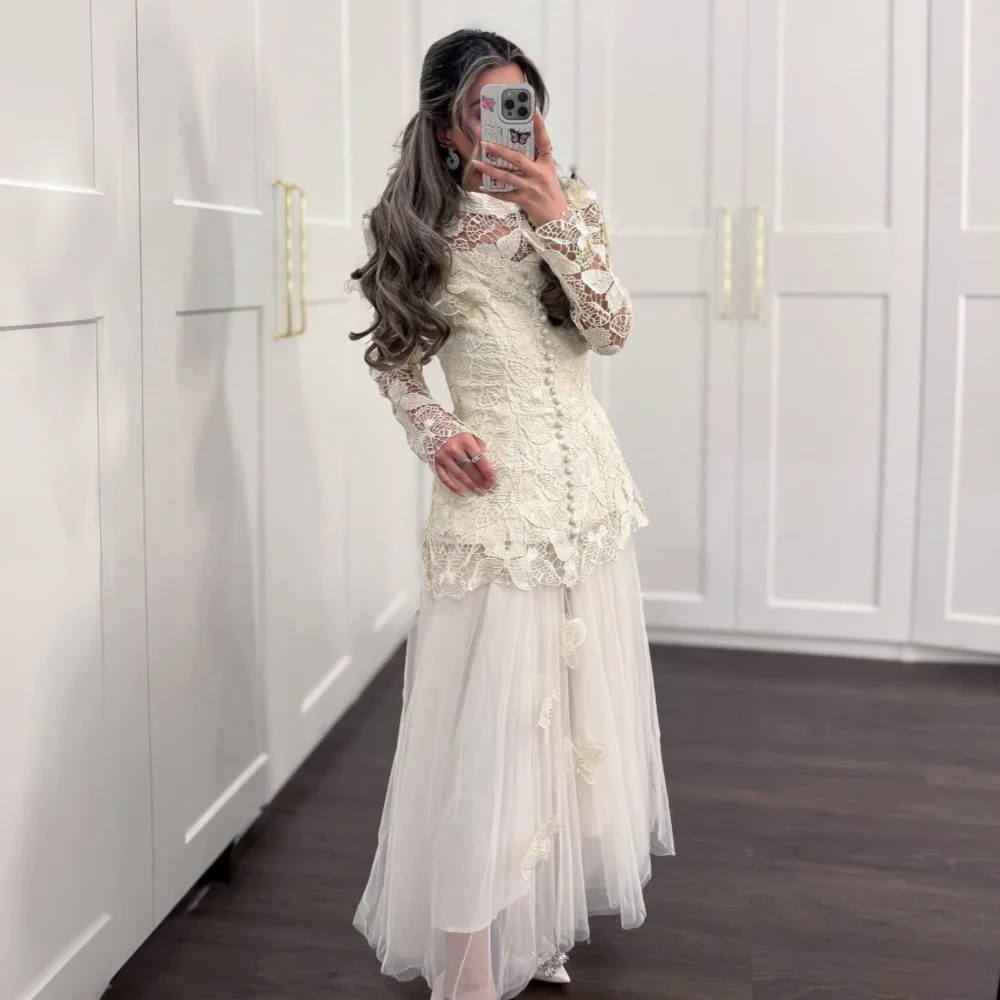 Maßgeschneidertes Hochwertiges Abendkleid für Bankette Langärmeliges Spitzen-A-Linien-Midikleid Elegantes Partykleid Klassisch