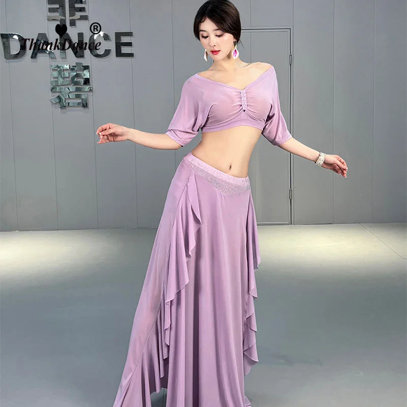 Trajes de Dança do Ventre para Mulheres, saia longa por cima e dividida, roupa de treino profissional sexy para dançar a barriga, top oriental, 2 peças