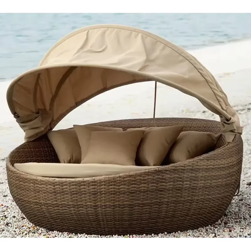 Outdoor Garden Rattan Daybed Sofa Couch with Full Daybed Canopy for Hotels Beach Sunbed Tanning Shade Sunbed for Outdoor Use