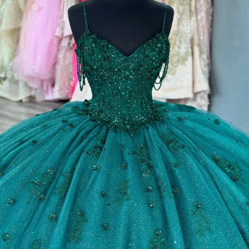 Emerald Green Shiny Sexy Spaghetti Strap Quinceanera Dress Ball Gown Sleeveless 3D Flowers Beading Corset Vestido De 15 Anos