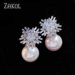 ZAKOL Korea Fashion Round Simulated Pearls Snowflake Drop Earrings for Elegant Women Zirconia Bridal Wedding Jewelry