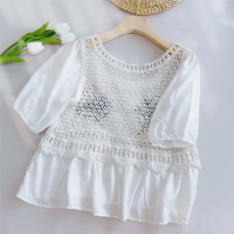 Women Blouse Crochet Knit Square Neck Half Sleeve Floral Embroidery Babydoll Tops Summer Teen-girls Fairycore Cottagecore Outfit