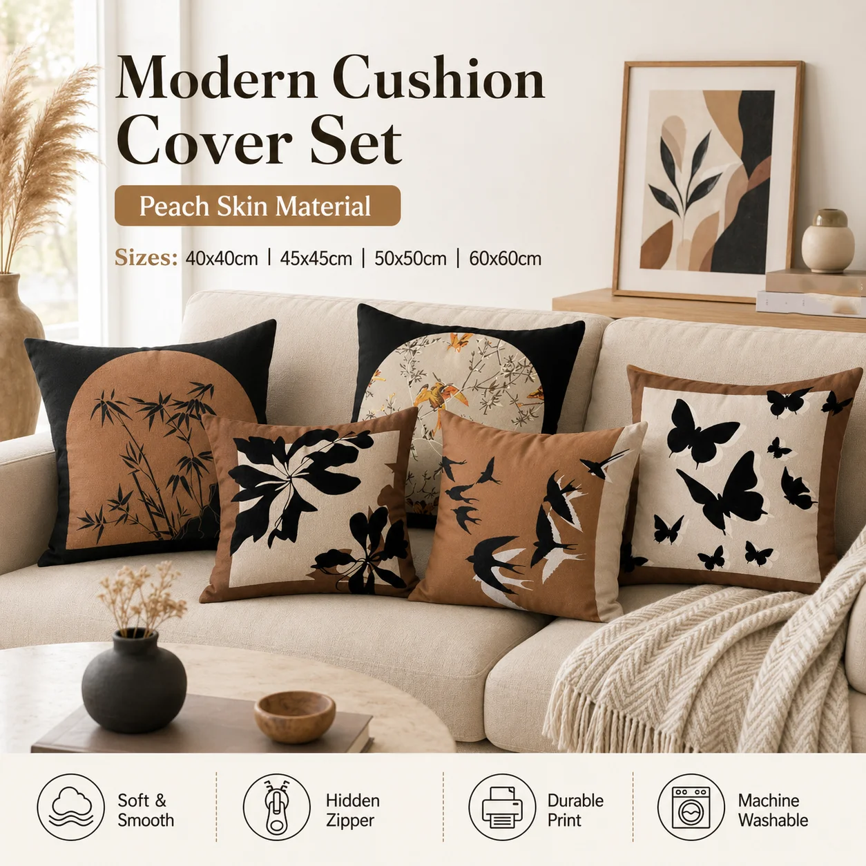 

Vintage Oriental Bamboo Birds Butterfly 2D Flat Print Peach Skin Cushion Cover Throw Pillowcase for Couch Sofa Living Room Decor