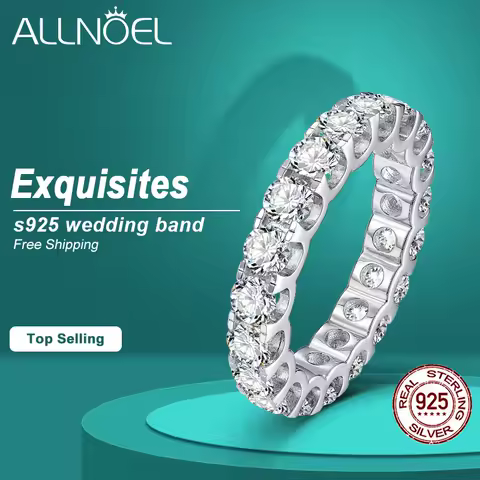 ALLNOEL 2mm Full Moissanite Ring for Women D Color VVS1 Female Single Tail Ring 925 Silver Ring Wedding Eternity Band With GRA