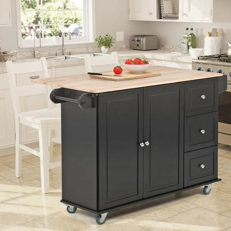 Kitchen Island Cart on Wheels with Drop-Leaf and Rubber Wood Top Rolling Kitchen Trolley Cart with Large Storage Cabinet Black