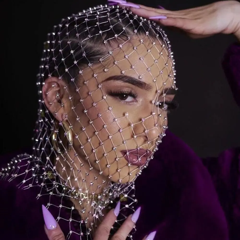 Женская полная женская ажурная шапка с головным убором со стразами, маска на голову, блестящая повязка на голову с бриллиантами